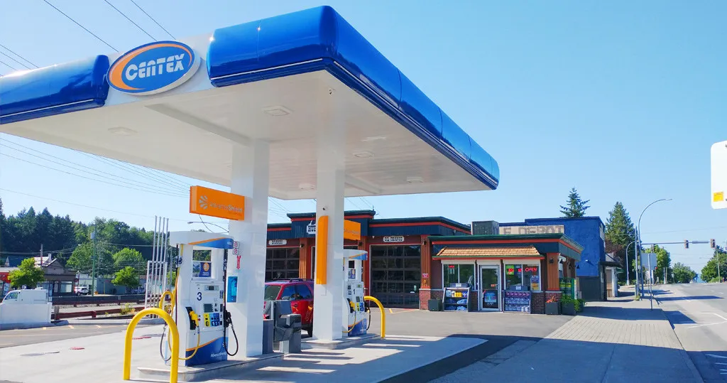 Centex gas pumps and canopy at Hub Motor Service