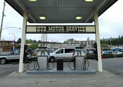The Hub Motor Service gas canopy and pumps