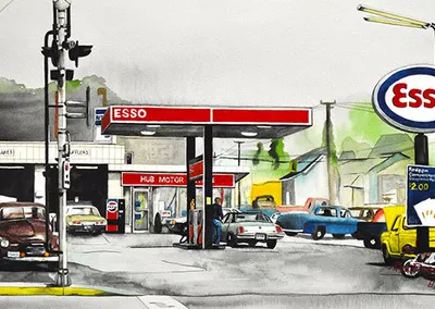 Painting of the station in its Esso days
