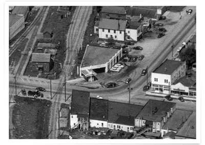 Aerial view of downtown Abbotsford, in black and white