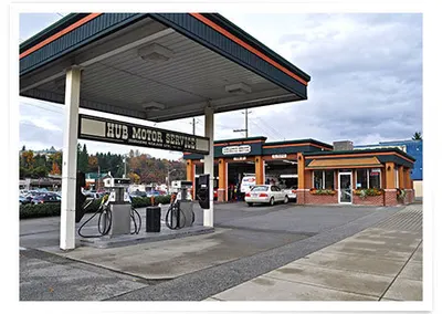 The gas canopy with the shop behind it