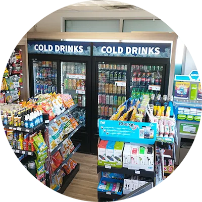 Cold drinks and snacks inside the Centex convenience store